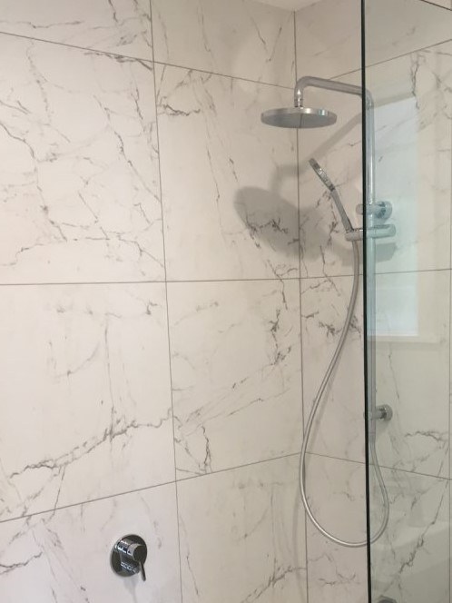 Rain drencher shower, fixed pain glass & vanity